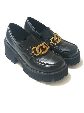 Black Chunky Platform Loafers Gold Chain Detail Lug Sole Size 7 Faux Leather Tre